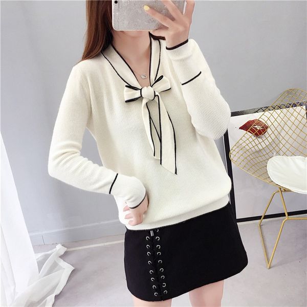 2019 autumn sweater women fashion bow tie neck spring black ladies knitted pullovers long sleeve jumper pull clothing, White;black
2019 autumn sweater women fashion bow tie neck spring black ladies knitted pullovers long sleeve jumper pull clothing, White;black