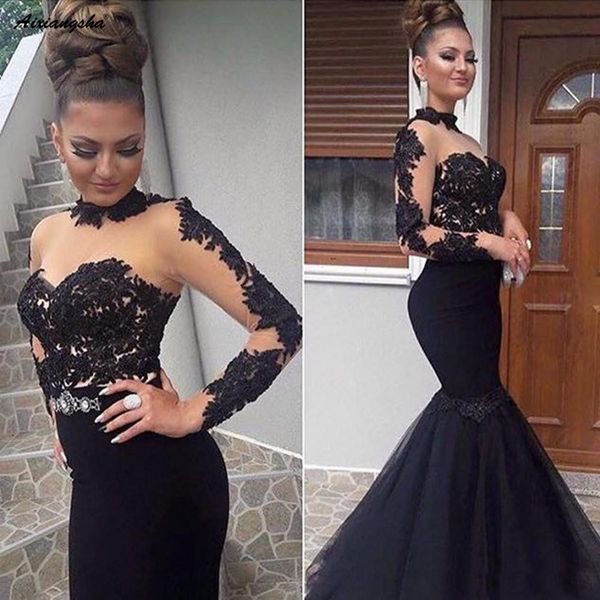 black new elegant mermaid evening dresses 2019 illusion long sleeves prom dress appliques evening gown, White;black
black new elegant mermaid evening dresses 2019 illusion long sleeves prom dress appliques evening gown, White;black