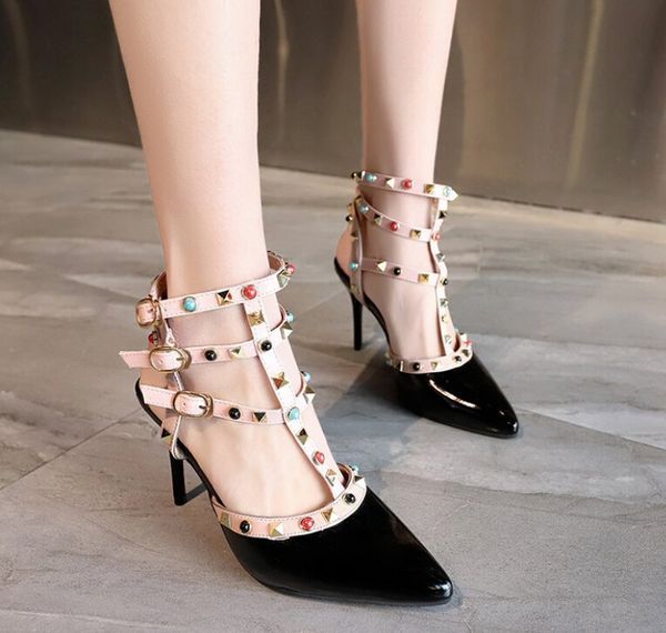 new 2019 europe and america rivet pointed high heels fashion fine with nude bandage roman sandals, Black
new 2019 europe and america rivet pointed high heels fashion fine with nude bandage roman sandals, Black
