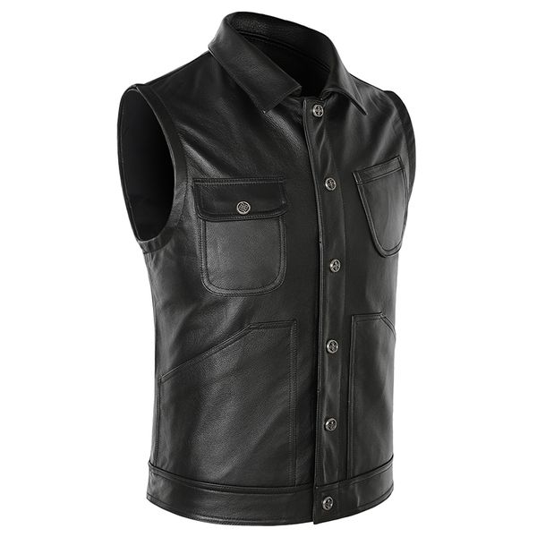 

men's classic leather vest motorcycle biker genuine leather vests waistcoat cowhide real multi-pocket sleeveless jackets, Black;white
