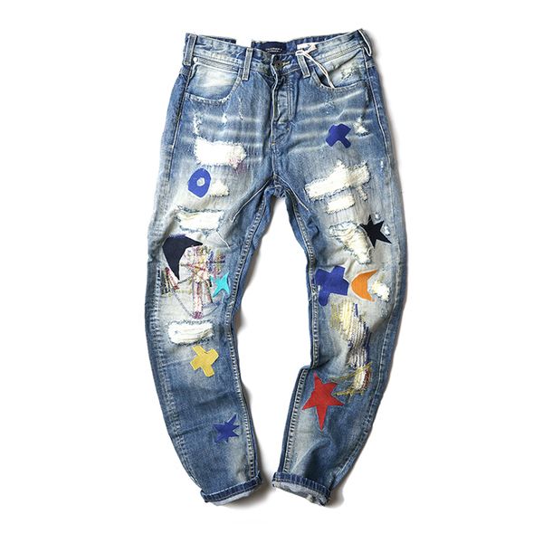hi street men's fashion ripped jeans distressed pentagram embroidery jeans male hip hop, Blue
hi street men's fashion ripped jeans distressed pentagram embroidery jeans male hip hop, Blue