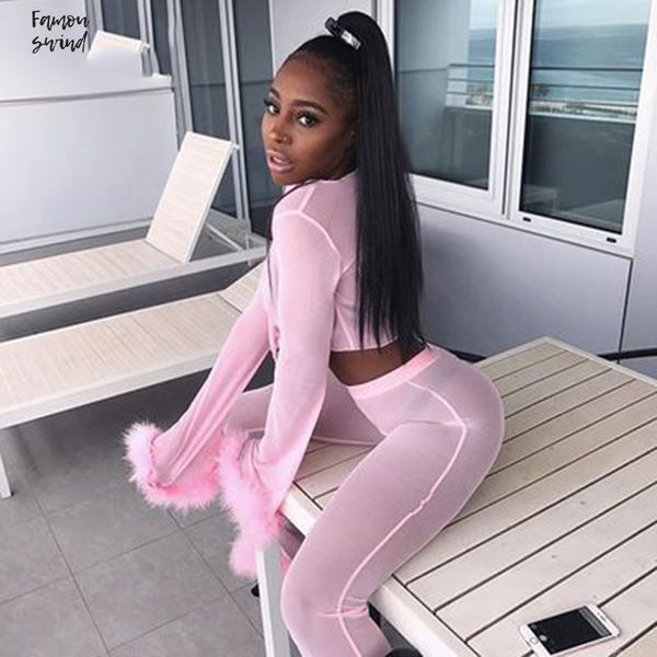 pink mesh women sweat suit 2 piece set and solid lace up women flare pants party outfits, Gray 
pink mesh women sweat suit 2 piece set and solid lace up women flare pants party outfits, Gray