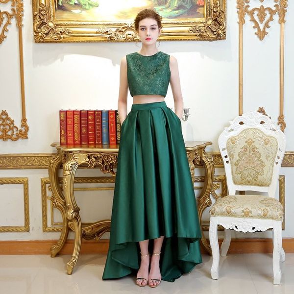 jewel neck lace satin 2 pieces prom dresses 2019 burgundy dark green black high low prom gown with pockets
jewel neck lace satin 2 pieces prom dresses 2019 burgundy dark green black high low prom gown with pockets