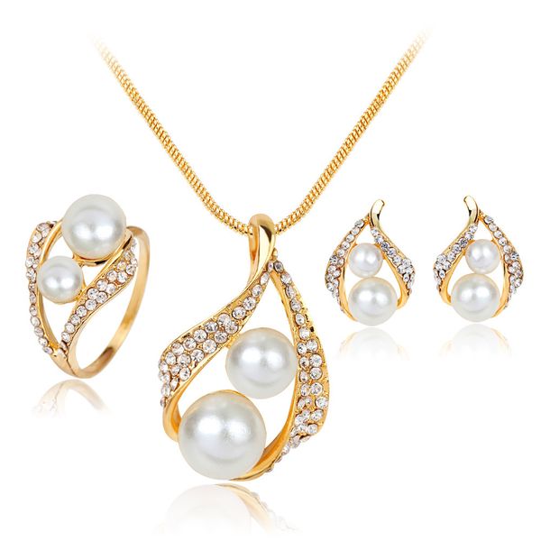 

горячие взрывы серьги ожерелье кольцо жемчужина набор из трех частей мода простой невесты жемчужный набор, Slivery;golden