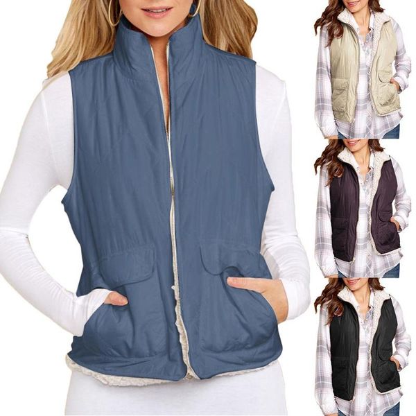 women winter stand collar plushy lining zipper warm reversible waistcoat thick zipper vest vest, Black;white
women winter stand collar plushy lining zipper warm reversible waistcoat thick zipper vest vest, Black;white
