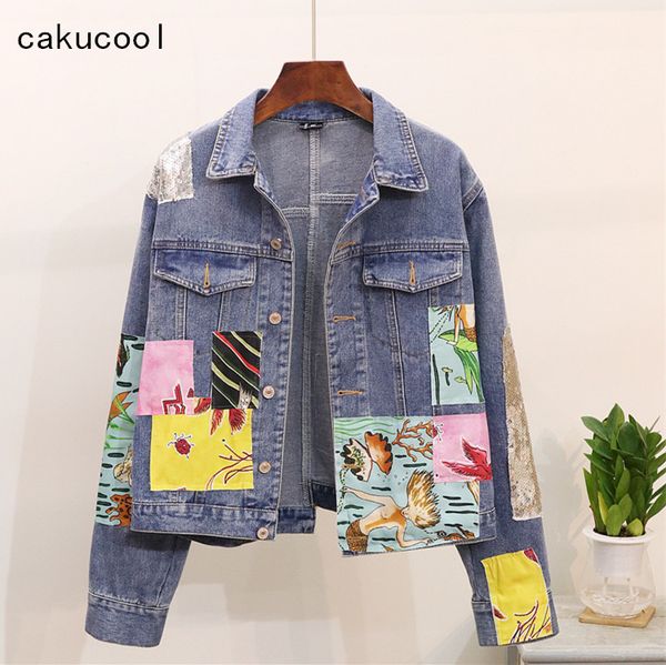 

cakucool boho denim jacket female vintage cartoon appliques embroid coat jeans spring spliced outerwear denim jackets for women, Black;brown