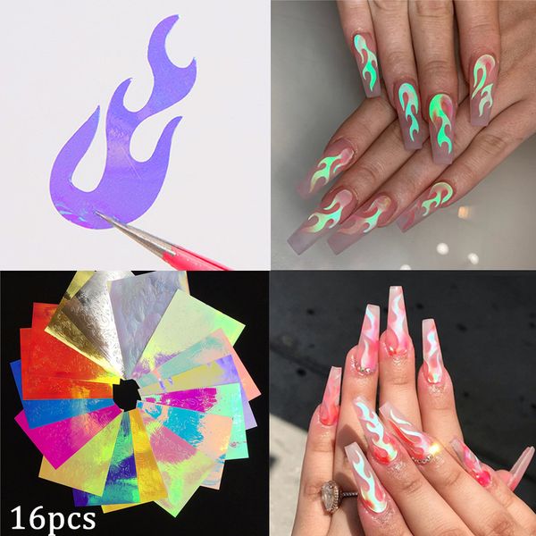 16pcs 3d holographic fire flame nail vinyls stickers glitter laser flames nail art foil transfer sticker decal decorations set, Black 
16pcs 3d holographic fire flame nail vinyls stickers glitter laser flames nail art foil transfer sticker decal decorations set, Black