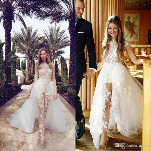 illusion jumpsuits wedding dresses with detachable train lace appliques cap sleeves tulle overskirt with pocket wedding bridal gowns, White
illusion jumpsuits wedding dresses with detachable train lace appliques cap sleeves tulle overskirt with pocket wedding bridal gowns, White