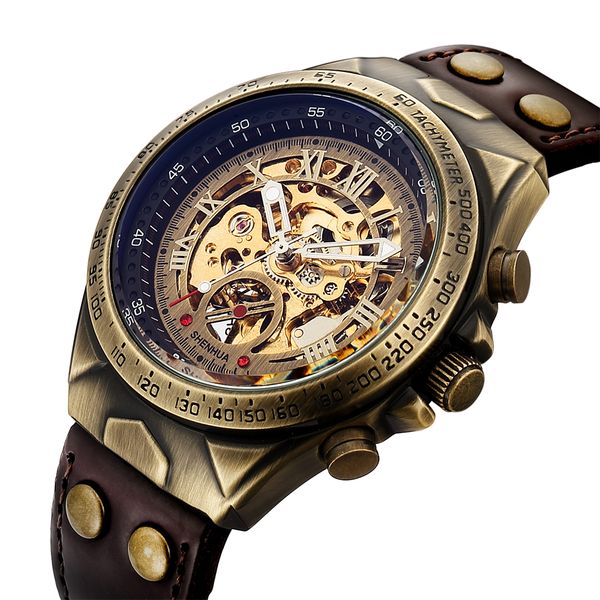 men mechanical watch automatic watch skeleton self winding men watches retro leather steampunk transparent wristwatch clock, Slivery;brown
men mechanical watch automatic watch skeleton self winding men watches retro leather steampunk transparent wristwatch clock, Slivery;brown