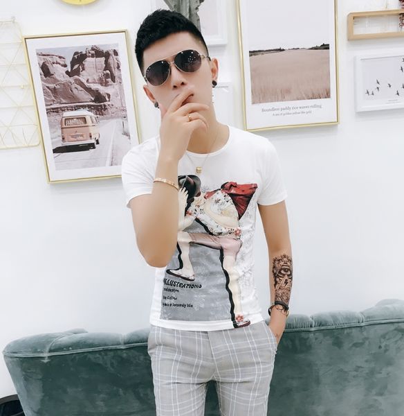 new short-sleeved t-shirt men round neck ultra slim compassionate tide nightclub summer men's fashion t-shirt printing characters, White;black
new short-sleeved t-shirt men round neck ultra slim compassionate tide nightclub summer men's fashion t-shirt printing characters, White;black