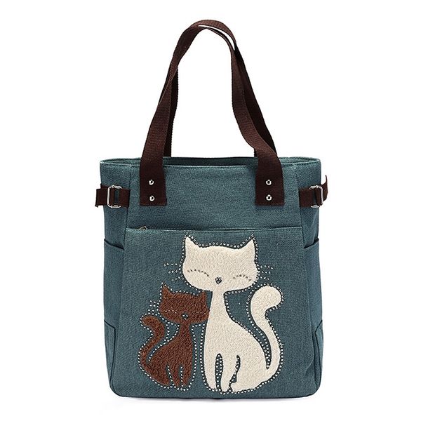women's messenger handbag canvas bag with cute cat small shopping shoulder bag green