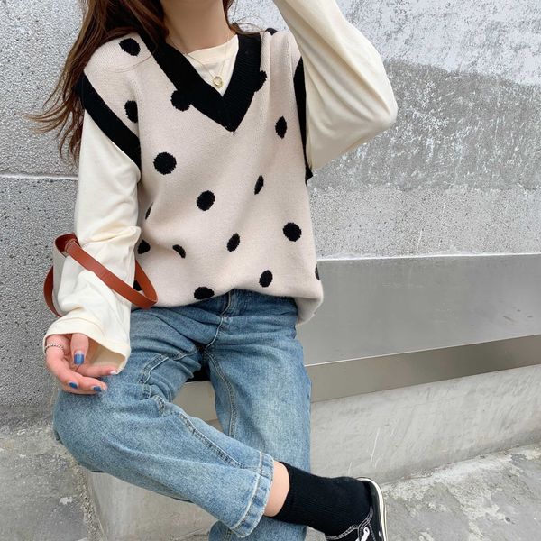 young lady cute polka dots vest knitted women sweater pullover autumn retro pull femme jersey mujer, Black;white
young lady cute polka dots vest knitted women sweater pullover autumn retro pull femme jersey mujer, Black;white