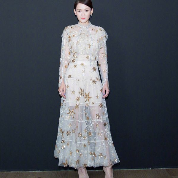 2019 designer star sequined lace long sleeve gold woman sets o-neck elegant set culb party set, White
2019 designer star sequined lace long sleeve gold woman sets o-neck elegant set culb party set, White