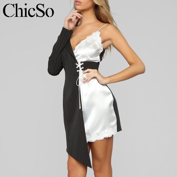 2019 Patchwork sexy satin blazer Women striped one shoulder black white wrap dress Casual lace up summer dress
2019 Patchwork sexy satin blazer Women striped one shoulder black white wrap dress Casual lace up summer dress