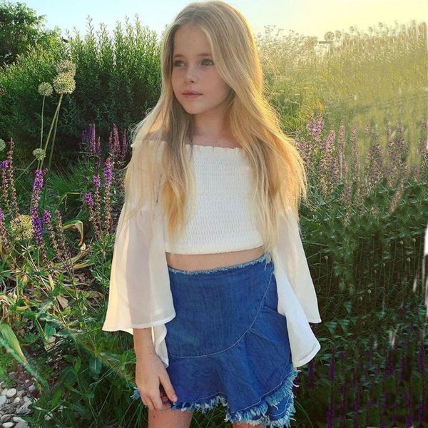 2pcs baby girl clothes off shoulder crop outfit + denim ruffle skirt summer set 1-6 years fashion kids clothes toddler 20mar, White 
2pcs baby girl clothes off shoulder crop outfit + denim ruffle skirt summer set 1-6 years fashion kids clothes toddler 20mar, White