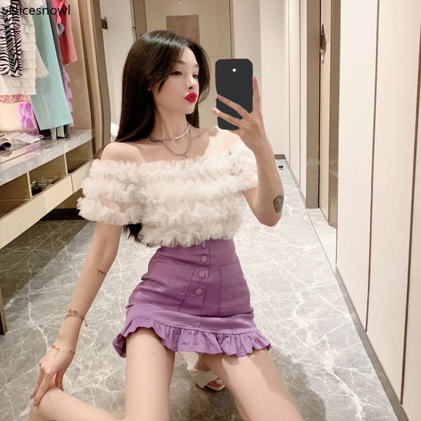 elegant mesh wooden ear horizontal neck lace skirt suit, female summer fashion two-piece set, White;black
elegant mesh wooden ear horizontal neck lace skirt suit, female summer fashion two-piece set, White;black