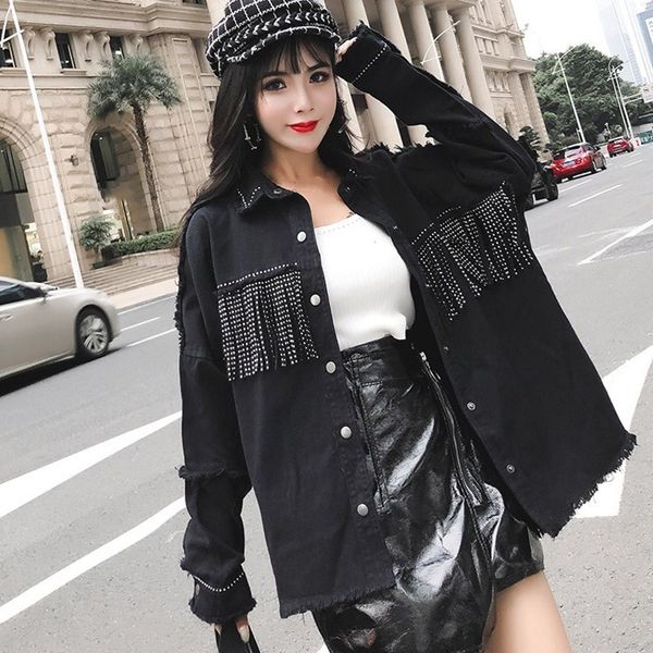 2018 autumn covered button jeans outwear black turn-down collar tassel denim overcoat women sequined pockets casual jacket, Black;brown
2018 autumn covered button jeans outwear black turn-down collar tassel denim overcoat women sequined pockets casual jacket, Black;brown