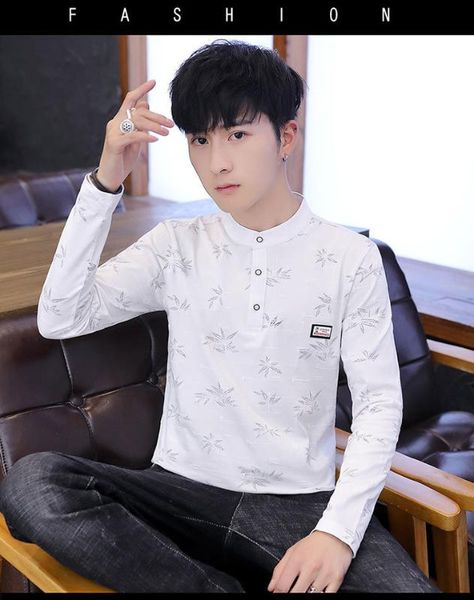 cotton long-sleeved t-shirt men's embroidered shirt lapel handsome trend collared young men's clothing collar, White;black
cotton long-sleeved t-shirt men's embroidered shirt lapel handsome trend collared young men's clothing collar, White;black