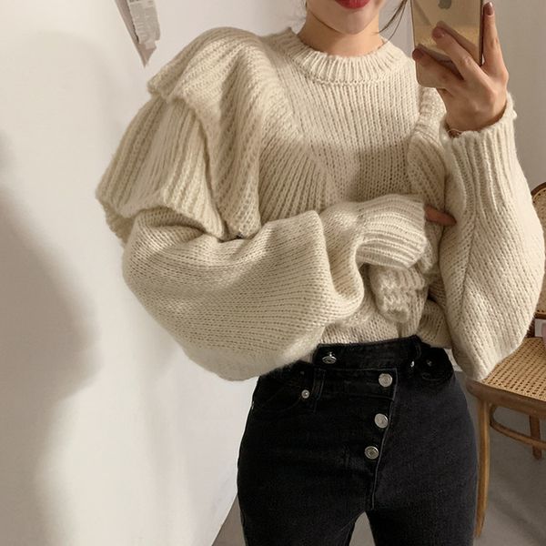 korean chic pink knitted pullover jumper fashion autumn winter ruffles lantern sleeve oversize loose warm sweater, White;black
korean chic pink knitted pullover jumper fashion autumn winter ruffles lantern sleeve oversize loose warm sweater, White;black