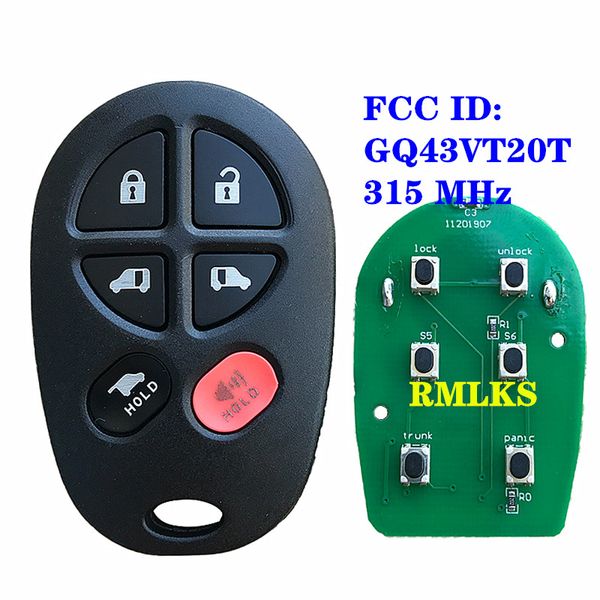 

fcc id: gq43vt20t replacement 5+1 6 button 315mhz remote car key fob for sienna 2011 2012 2013