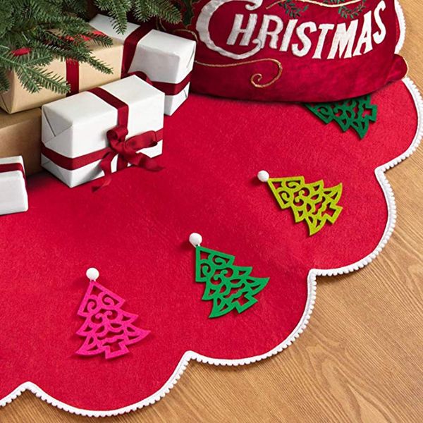 48 inches christmas tree skirt with diy small tree hanging ornaments and pompoms lace edge xmas tree ornaments
