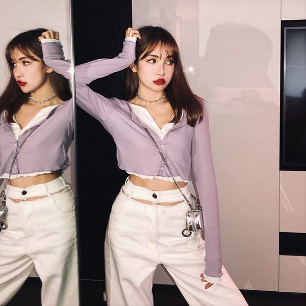 2020 purple short women t-shirt sweater fake two-piece long-sleeved t-shirt short slim knitted sweater women, White
2020 purple short women t-shirt sweater fake two-piece long-sleeved t-shirt short slim knitted sweater women, White