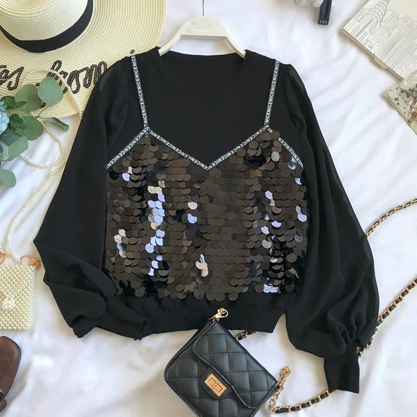 chic women sequins sweaters shiny sequins patchwork woman sweaters lady fake two piece one knitted pullovers, White;black
chic women sequins sweaters shiny sequins patchwork woman sweaters lady fake two piece one knitted pullovers, White;black