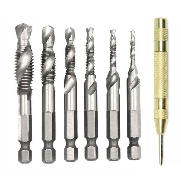 7 pcs 1/4 inch hss spiral hex shank combination drill screw tap bit set(m3-m10)with automatic spring loaded center punch tool fo
7 pcs 1/4 inch hss spiral hex shank combination drill screw tap bit set(m3-m10)with automatic spring loaded center punch tool fo