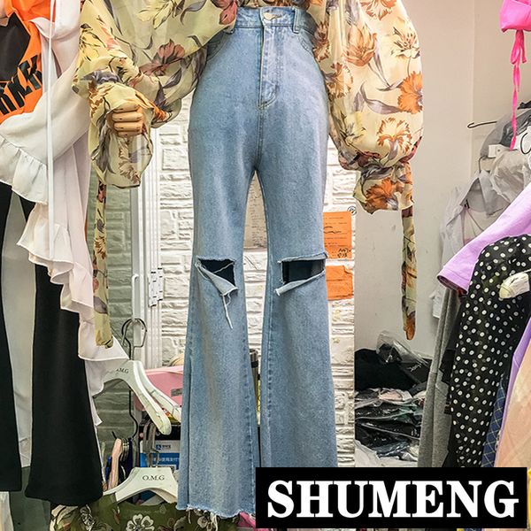 2019 summer new korean women high-waisted knee hollow hole skinny flare trousers jeans pants female light blue denim pants
2019 summer new korean women high-waisted knee hollow hole skinny flare trousers jeans pants female light blue denim pants