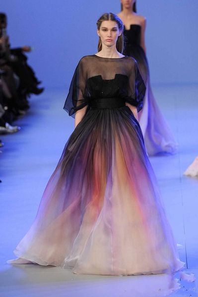 2019 new graceful ombre pleats evening dresses a-line sheer crew neck half sleeves evening gowns prom dress vestidos de festa, Black;red