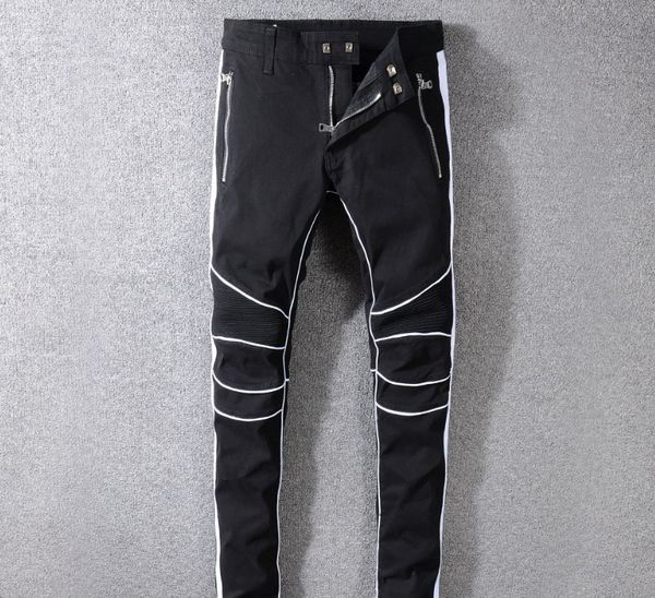 mens designer jeans brand slim white border design fashion brand black denim pants ripped distressed slim pencil pants motorcycle pants, Blue
mens designer jeans brand slim white border design fashion brand black denim pants ripped distressed slim pencil pants motorcycle pants, Blue
