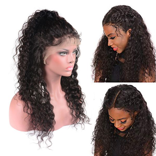wholesale glueless brazilian virgin hair wigs water wave lace front human hair wigs pre plucked 150% density 13*4 ear to ear lace wigs, Black;brown