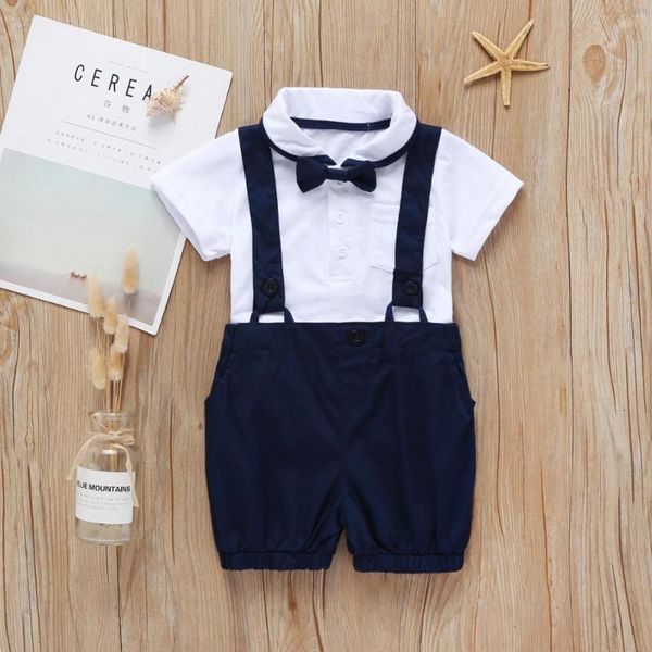 summer baby boy clothes gentleman short sleeve white lapel white t-shirt +blue overalls + bow 3pcs/set infant outfits