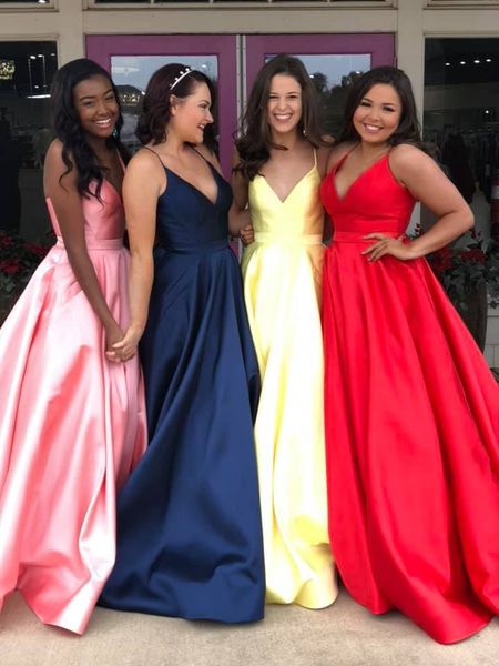 long prom bridesmaid dresses a line with pockets pink blue yellow red satin vestidos de festa designer lace up back gala dress, White;pink
long prom bridesmaid dresses a line with pockets pink blue yellow red satin vestidos de festa designer lace up back gala dress, White;pink