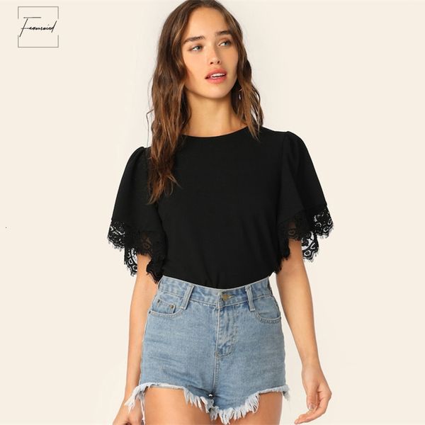 blouse casual sleeve lace trim black women 2019 summer flounce eyelash blouses ladies minimalist short sleeve top, White
blouse casual sleeve lace trim black women 2019 summer flounce eyelash blouses ladies minimalist short sleeve top, White