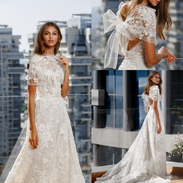 modern a line wedding dresses mira zwillinger jewel neck short sleeve applique pearls ruched hollow wedding gown sweep train robe de mariée, White
modern a line wedding dresses mira zwillinger jewel neck short sleeve applique pearls ruched hollow wedding gown sweep train robe de mariée, White