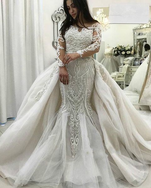 2019 mermaid wedding dresses with detachable overskirts sheer jewel neck appliqued plus size wedding dress sweep train vestido de novia, White
2019 mermaid wedding dresses with detachable overskirts sheer jewel neck appliqued plus size wedding dress sweep train vestido de novia, White