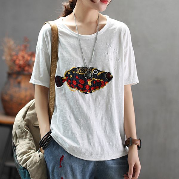 johnature new style o-neck retro embroidery cotton female t-shirt 2019 summer loose round neck short-sleeved women t-shirts, White
johnature new style o-neck retro embroidery cotton female t-shirt 2019 summer loose round neck short-sleeved women t-shirts, White