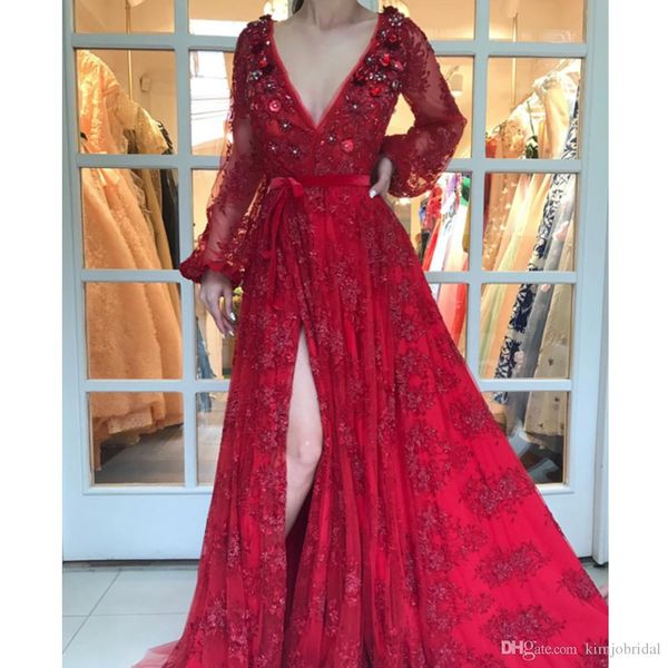 2019 red prom dresses a line lace appliques side split v neck long sleeve evening dress custom made plus size formal party gowns, Black
2019 red prom dresses a line lace appliques side split v neck long sleeve evening dress custom made plus size formal party gowns, Black