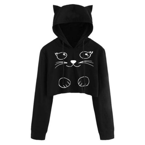 women's short hooded pullover animal casual cute cat print long-sleeved hoodie, Black
women's short hooded pullover animal casual cute cat print long-sleeved hoodie, Black