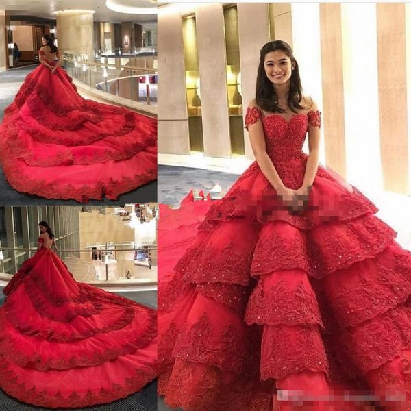 luxury red quinceanera dresses short sleeves lace applique chapel train short sleeves off the shoulder tiered skirt formal prom ball gown, Blue;red
luxury red quinceanera dresses short sleeves lace applique chapel train short sleeves off the shoulder tiered skirt formal prom ball gown, Blue;red