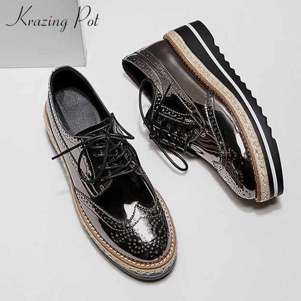 krazing pot classic brogue carved patent leather shoes round toe med heels thick bottom women fashion lace up spring pumps l00, Black
krazing pot classic brogue carved patent leather shoes round toe med heels thick bottom women fashion lace up spring pumps l00, Black