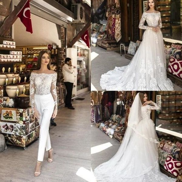 chic wedding jumpsuit with detachable overskirts a line sweep train beach bridal dress lace appliqued long robes de mariée, White
chic wedding jumpsuit with detachable overskirts a line sweep train beach bridal dress lace appliqued long robes de mariée, White