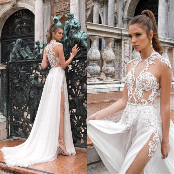 simple design summer beach bohemian chiffon lace wedding dresses high neck sheer see through applique high split bridal gowns, White
simple design summer beach bohemian chiffon lace wedding dresses high neck sheer see through applique high split bridal gowns, White