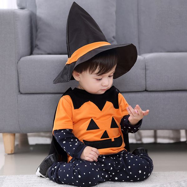 

2018 halloween costumes for kids 4pcs/set pumpkin suit stars wizard hat suitable for 1-3 years old children, Black;red