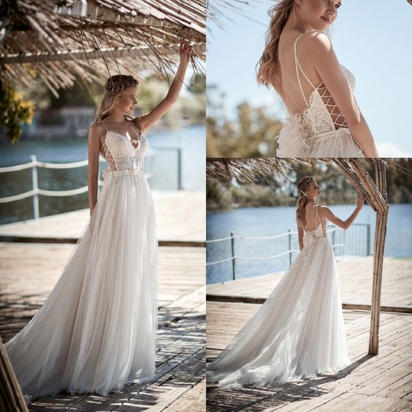 a line maisonsignore bohemian dresses spaghetti sleeveless tulle lace applique sash backless wedding gowns sweep train robe de mariée, White
a line maisonsignore bohemian dresses spaghetti sleeveless tulle lace applique sash backless wedding gowns sweep train robe de mariée, White