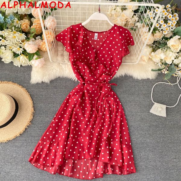 alphalmoda 2020 summer new ruffled dress women v-neck binding up irregular ruffled polka dot cute beach chiffon dress, Black;gray
alphalmoda 2020 summer new ruffled dress women v-neck binding up irregular ruffled polka dot cute beach chiffon dress, Black;gray