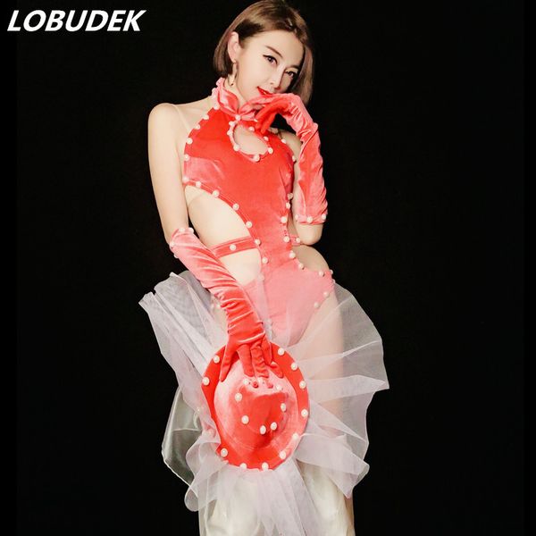 new bar dj nightclub lady singer dance team stage costume red hollow pearl bodysuit with gloves big hat performance clothes, Black;red
new bar dj nightclub lady singer dance team stage costume red hollow pearl bodysuit with gloves big hat performance clothes, Black;red
