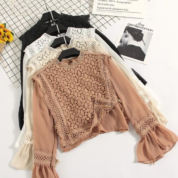 2020 spring blouse shirt hollow lace hook flower stitching chiffon flare sleeves high waist female blusa top, White
2020 spring blouse shirt hollow lace hook flower stitching chiffon flare sleeves high waist female blusa top, White