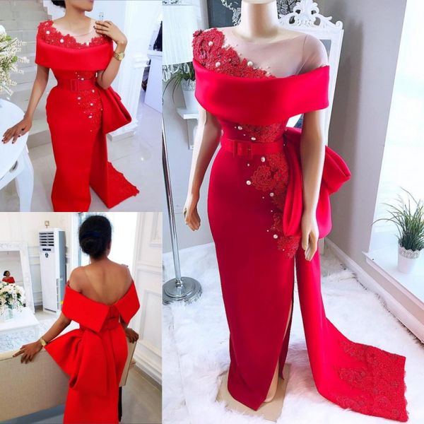 saudi arabic red prom dresses with sheer neck bow train beaded pearls mermaid evening gowns satin side split african formal party dress, Black